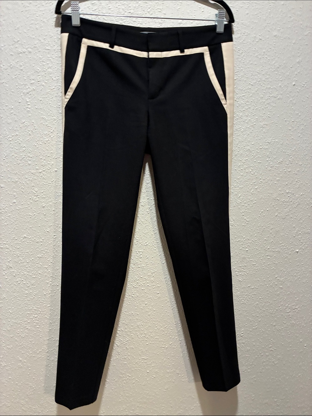 Vince Black Slim Tux-Style Pants with Cream Trim